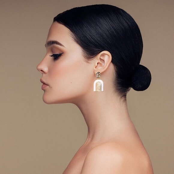 White & Gold Earrings for Women Sparkly Geometric Dangle Drop Statement Jewelry - Picture 3 of 7